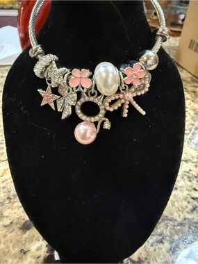 Silver-Tone Pink Flower Charm Bracelet with Pearl Drops